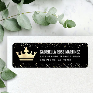 Quinceañera Black Gold Glitter Folie Crown Adres Etiket