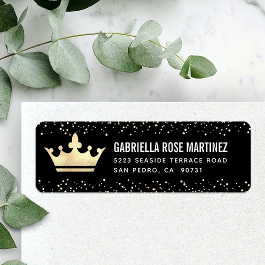Quinceañera Black Gold Glitter Folie Crown Adres Etiket