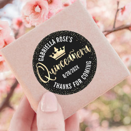 Quinceañera Black Gold Glitter Folie Crown Script Ronde Sticker