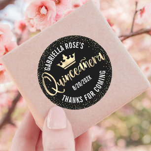 Quinceañera Black Gold Glitter Folie Crown Script Ronde Sticker