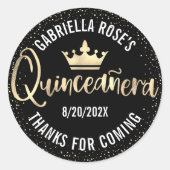 Quinceañera Black Gold Glitter Folie Crown Script Ronde Sticker (Voorkant)