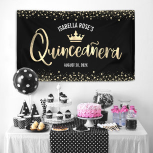 Quinceañera Black Gold Glitter Folie Crown Welkom Spandoek
