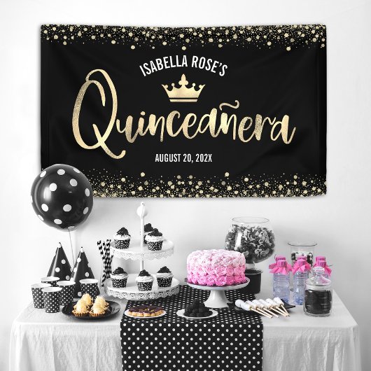 Quinceañera Black Gold Glitter Folie Crown Welkom Spandoek