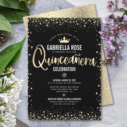 Quinceañera Black Gold Glitter Folie Princess Crow Kaart