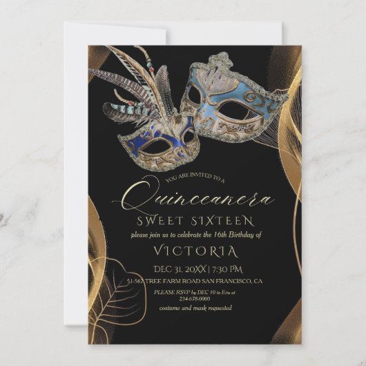 Quinceañera Black Gold Masquerade Verjaardagsfeest Kaart (Voorkant)