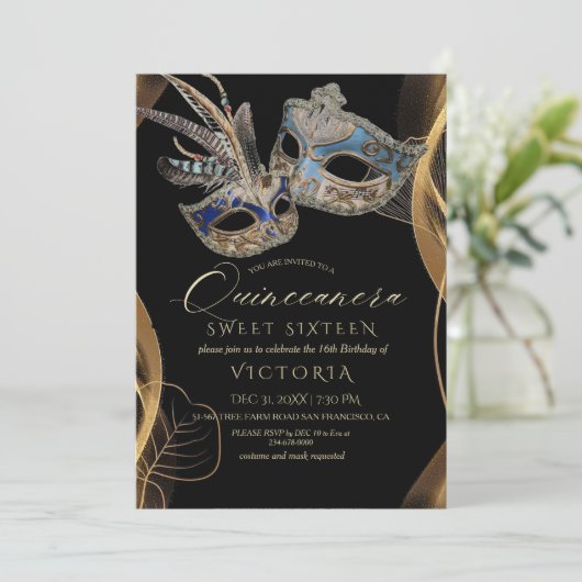 Quinceañera Black Gold Masquerade Verjaardagsfeest Kaart (Staand voorkant)
