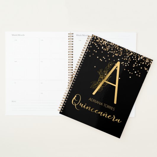 Quinceanera Black Gold Monogram Notitieboek Planne (Display)