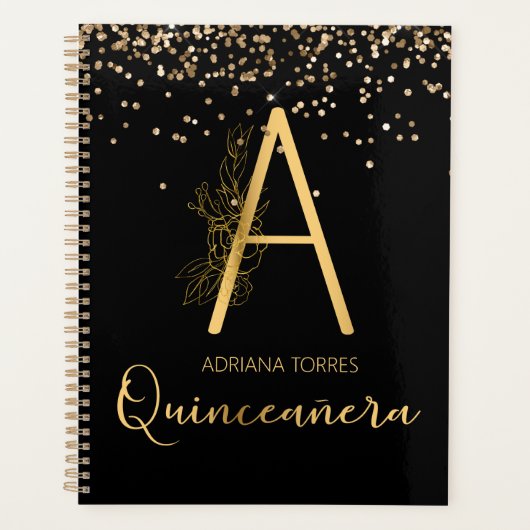 Quinceanera Black Gold Monogram Notitieboek Planne (Voorkant)