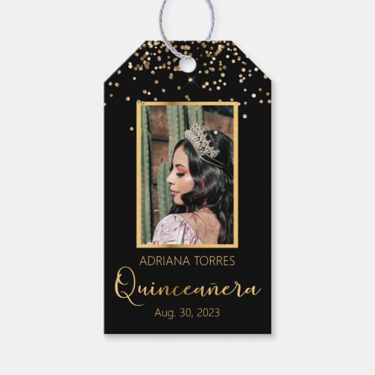 Quinceanera Black Gold Photo Favor Gift Label Cadeaulabel (Voorkant)