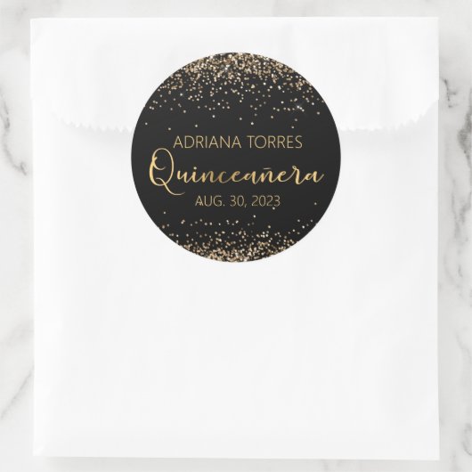 Quinceanera Black Gold Photo Favor Round Sticker (Tas)