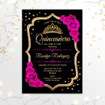 Quinceanera - Black Gold Pink Kaart<br><div class="desc">Gold black roze Quinceanera-feestelijke uitnodiging. Functies scriptlettertype,  hot-roze rozen,  tiara en confetti. Classy fuchsia roze design met faux glitter Gold. Ideaal voor een elegante glam viering.</div>