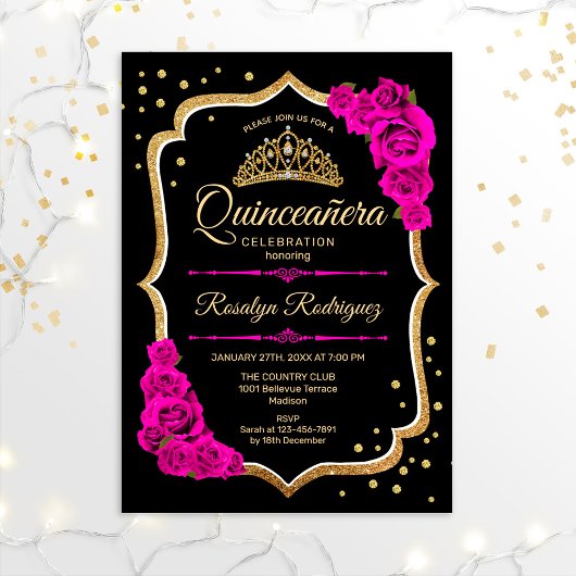 Quinceanera - Black Gold Pink Kaart