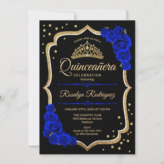 Quinceanera - Black Gold Royal Blue Kaart (Voorkant)