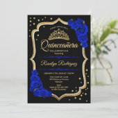 Quinceanera - Black Gold Royal Blue Kaart (Staand voorkant)