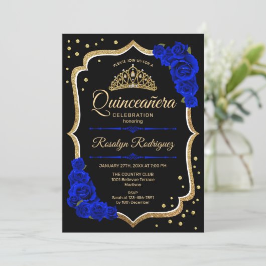 Quinceanera - Black Gold Royal Blue Kaart (Staand voorkant)