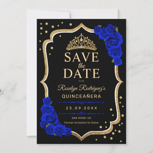 Quinceanera Black Gold Royal Blue Save The Date (Voorkant)