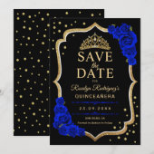 Quinceanera Black Gold Royal Blue Save The Date (Voorkant / Achterkant)