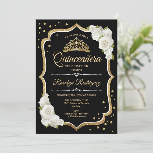 Quinceanera - Black Gold White Kaart (Staand voorkant)