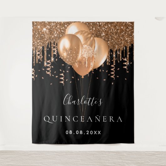 Quinceanera Black goudballonmonogram Wandkleed (Voorkant)
