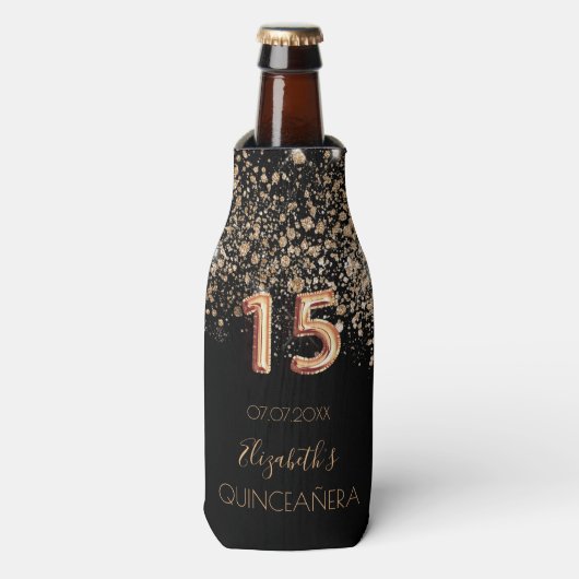 Quinceanera black gouglitter monogram flesjeskoeler (Fles Voorkant)