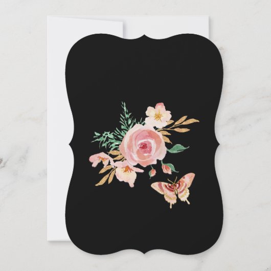 Quinceañera Black in Blush Butterfly w Flowers Gol Kaart (Achterkant)