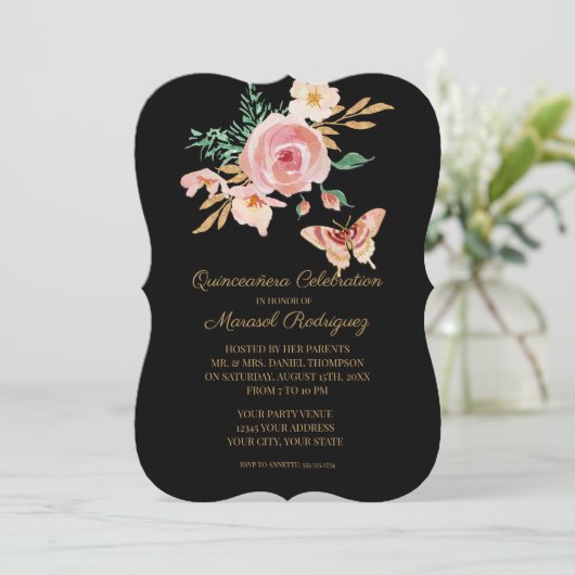 Quinceañera Black in Blush Butterfly w Flowers Gol Kaart (Staand voorkant)