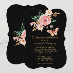 Quinceañera Black in Blush Butterfly w Flowers Gol Kaart