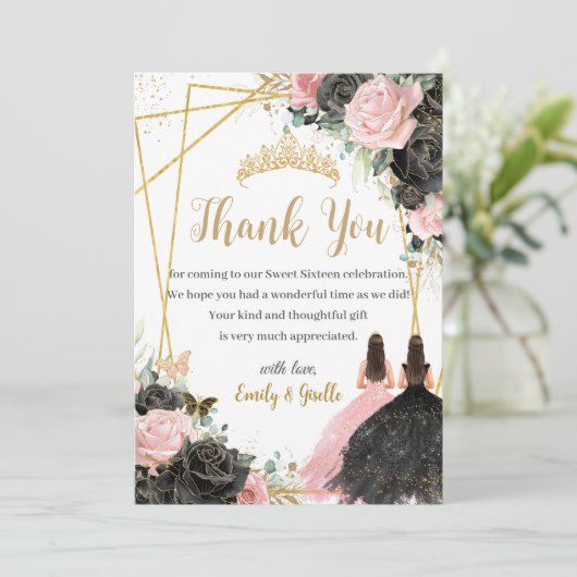 Quinceanera Black Pink Floral Twins Princesses Bedankkaart (Staand voorkant)