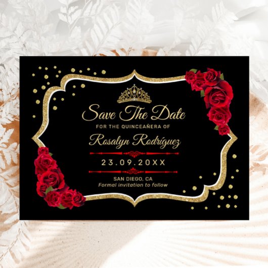 Quinceanera Black Red Gold Floral Save The Date