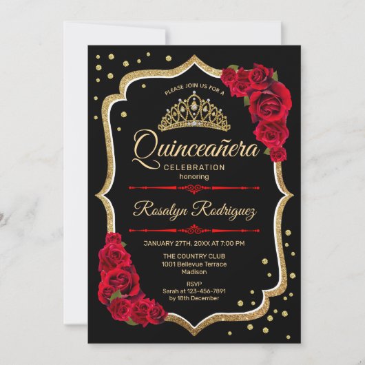 Quinceanera - Black Red Gold Kaart (Voorkant)