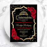 Quinceanera - Black Red Gold Kaart<br><div class="desc">Goud zwart wit Quinceanera feestelijke uitnodiging. Kenmerken scriptlettertype,  rode rozen,  tiara en confetti. Classy design met faux glitter Gold. Ideaal voor een elegante glam viering.</div>
