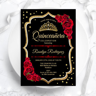 Quinceanera - Black Red Gold Kaart