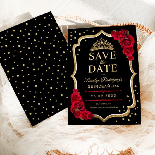 Quinceanera Black Red Gold Save The Date