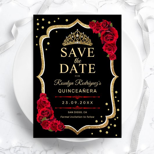 Quinceanera Black Red Gold Save The Date
