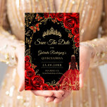 Quinceanera Black Red Gold Save The Date<br><div class="desc">Black red and gold Quinceanera celebration Save The Date card. Features brunette girl in ball gown dress,  script font,  gold butterflies,  watercolor roses and tiara. Perfect for an elegant princess style glam celebration. Personalize with your own details. Printed Zazzle cards or instant download digital printable template.</div>