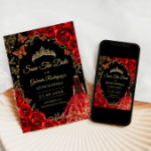 Quinceanera Black Red Gold Save The Date