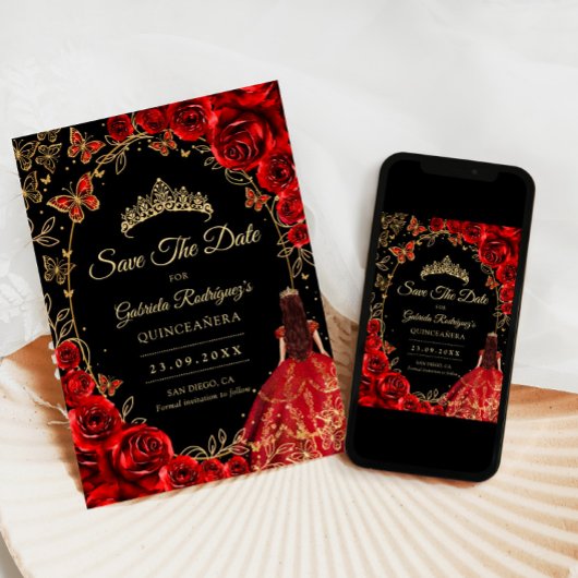 Quinceanera Black Red Gold Save The Date