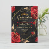 Quinceanera Black Red Gold Uitnodiging (Staand voorkant)