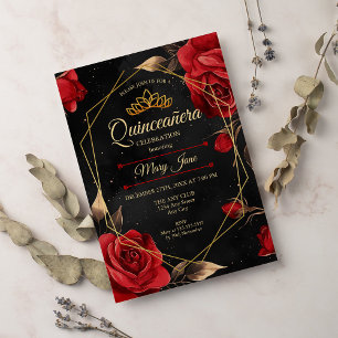 Quinceanera Black Red Gold Uitnodiging