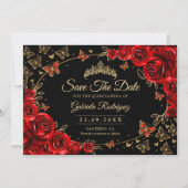 Quinceanera Black Red Roses Gold Save The Date (Voorkant)