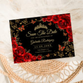 Quinceanera Black Red Roses Gold Save The Date