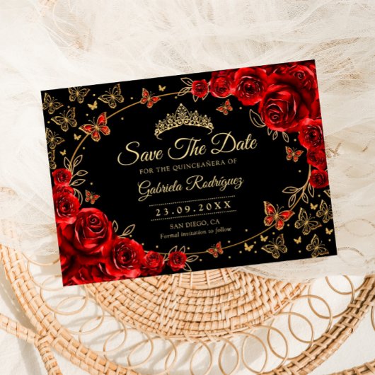 Quinceanera Black Red Roses Gold Save The Date