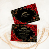 Quinceanera Black Red Roses Gold Save The Date