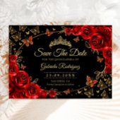 Quinceanera Black Red Roses Gold Save The Date