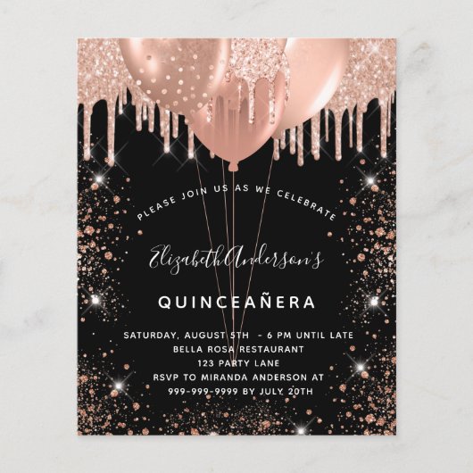 Quinceanera black roos gold budget uitnodiging flyer (Voorkant)
