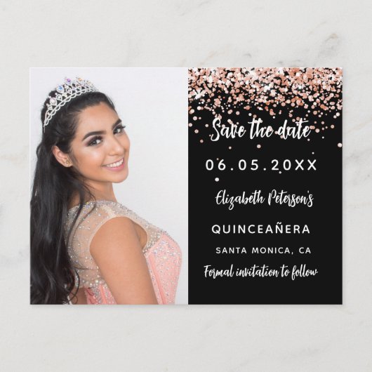 Quinceanera black roos gold foto, behalve datum aankondigingskaart (Voorkant)