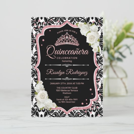 Quinceanera - Black Roos Gold Kaart (Staand voorkant)