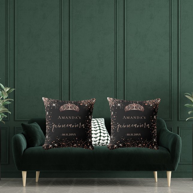 Quinceanera Black roos Gold tiara name script Kussen (Creator heeft geüpload)