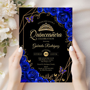 Quinceanera Black Royal Blue Gold Floral Kaart