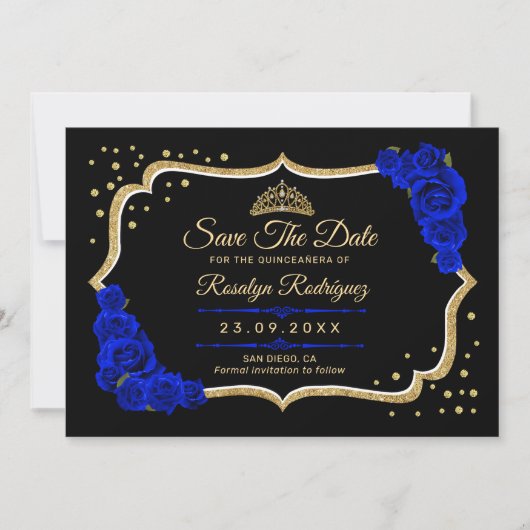 Quinceanera Black Royal Blue Gold Floral Save The Date (Voorkant)